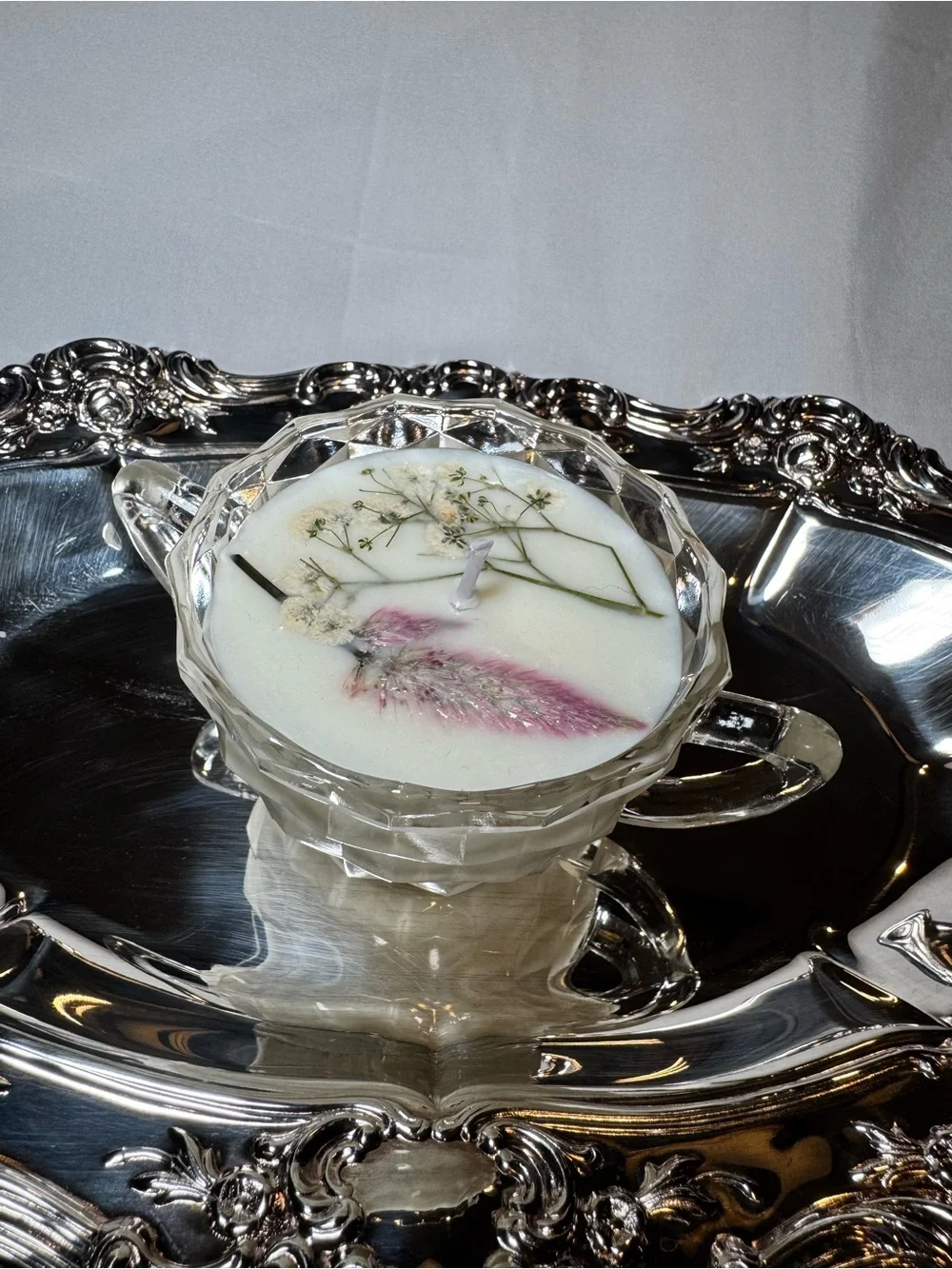 Hand-Poured White Floral Soy Candle in Glass Teacup with Pink Accent